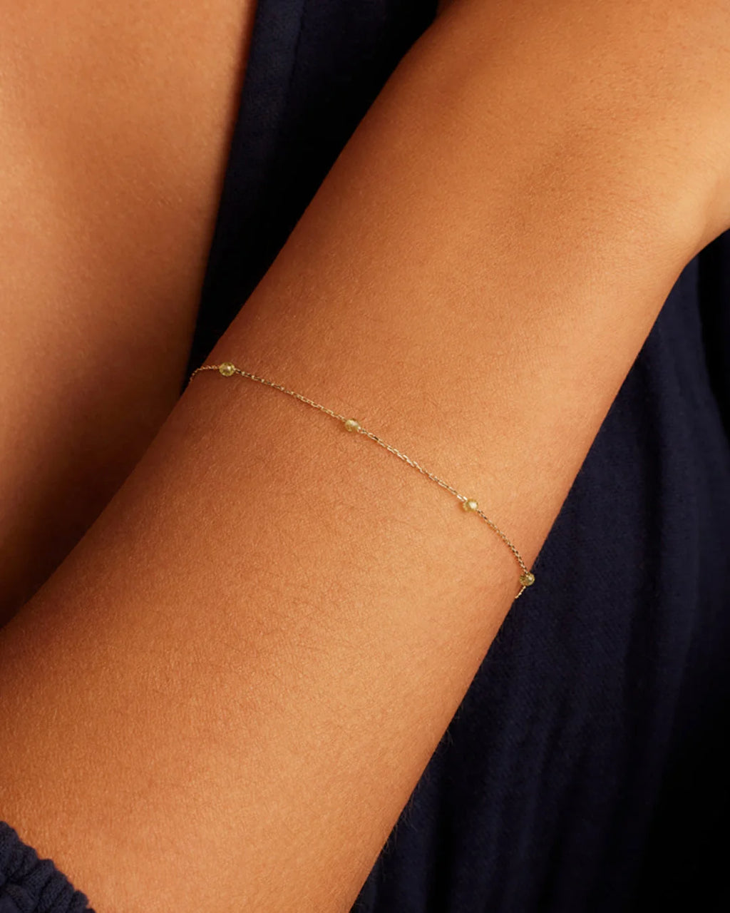 14K Gold Newport Birthstone Bracelet - Peridot - August worn on wrist