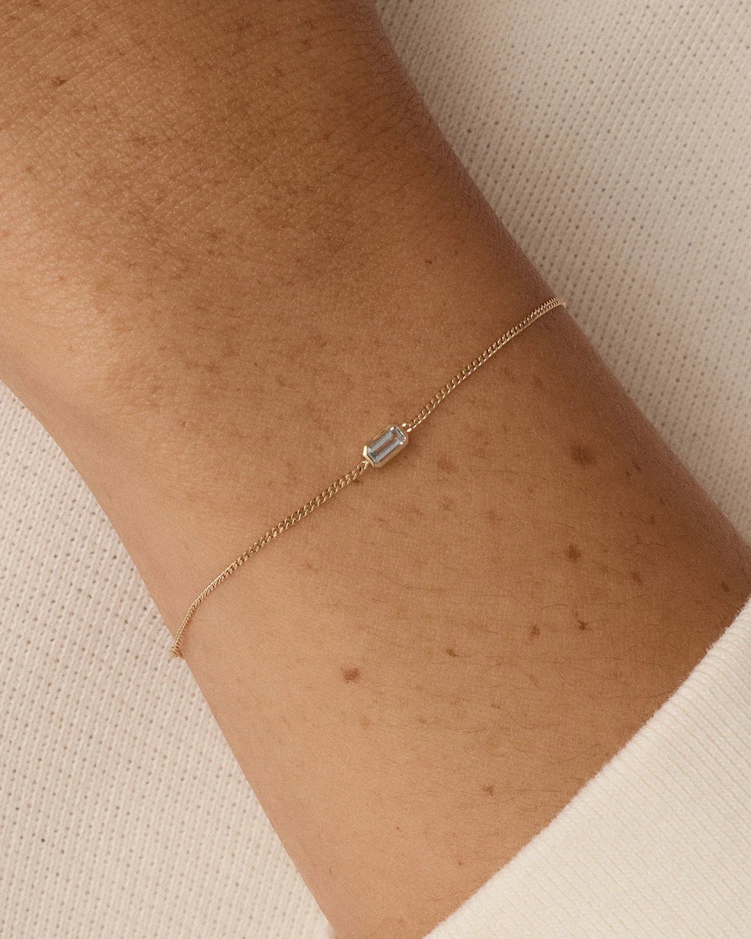 14K Gold Wilder Birthstone Bracelet - Aquamarine - March worn on wrist