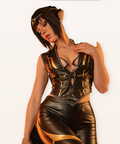 CosNova black and gold Nightfall Camp cosplay costume on a warm ivory studio background