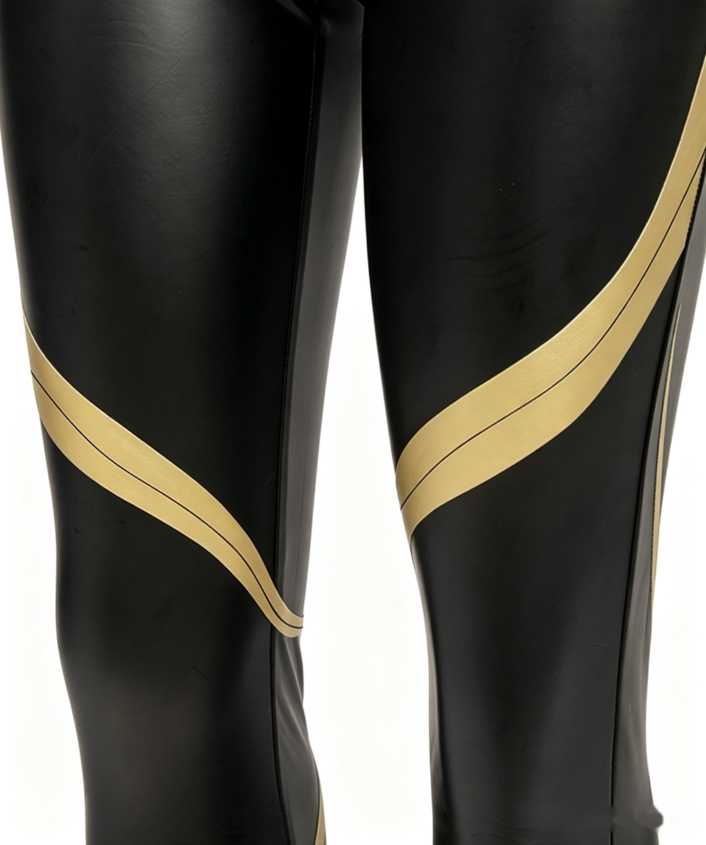 CosNova black faux leather cosplay pants gold trim detail