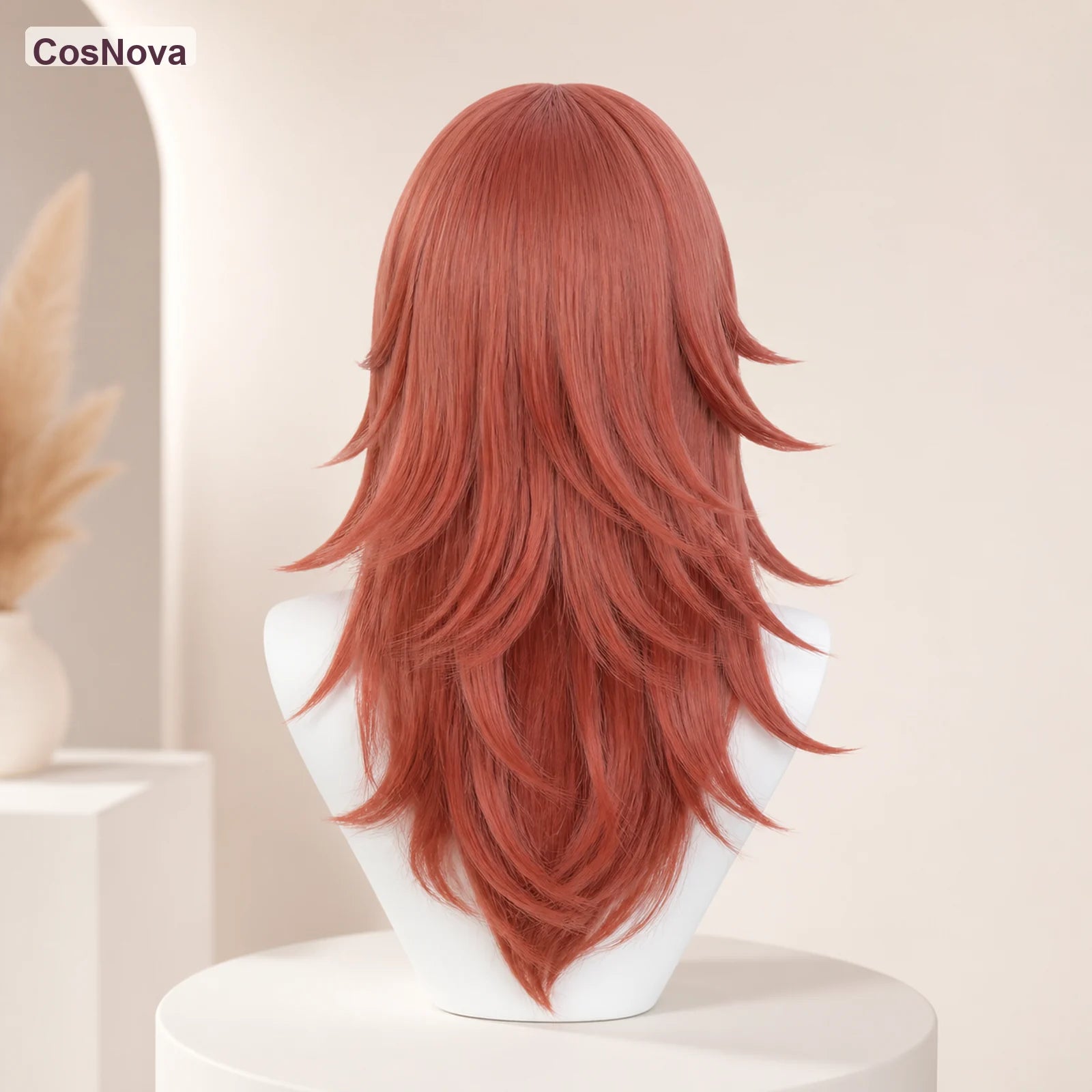 CosNova Type 2 Auburn Red long layered cosplay wig back view with feathered ends