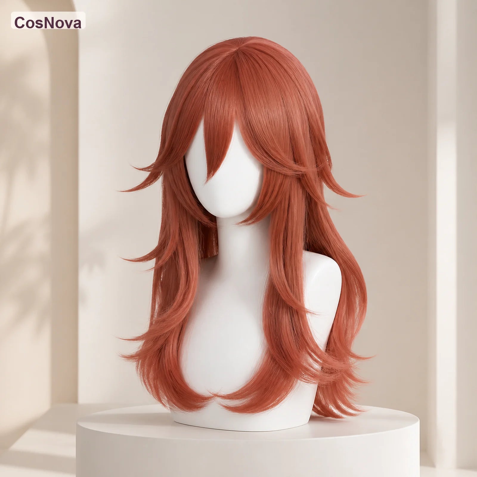 CosNova Type 2 Auburn Red long layered anime cosplay wig front view on mannequin