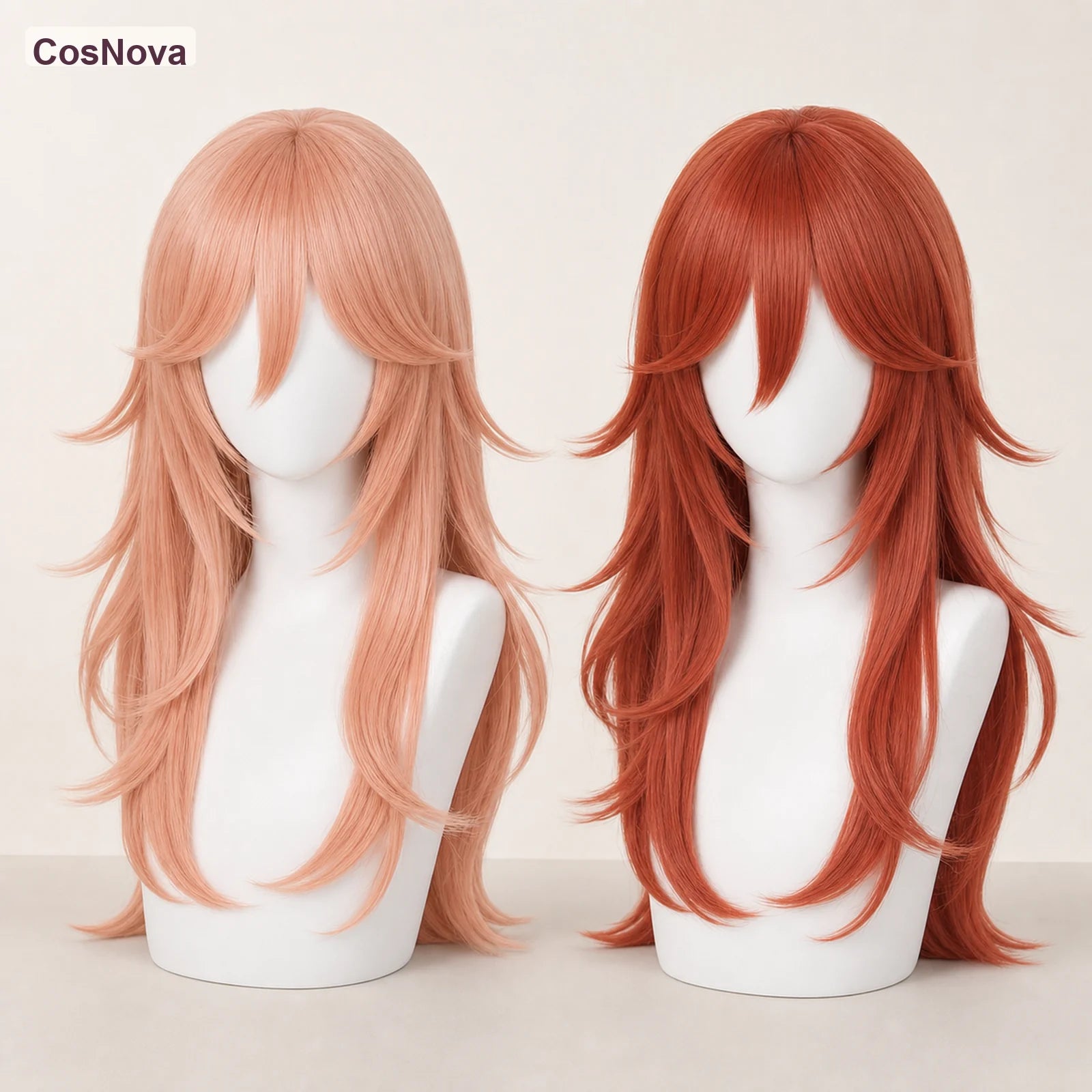 CosNova long anime cosplay wig color comparison showing light peach and auburn red variants