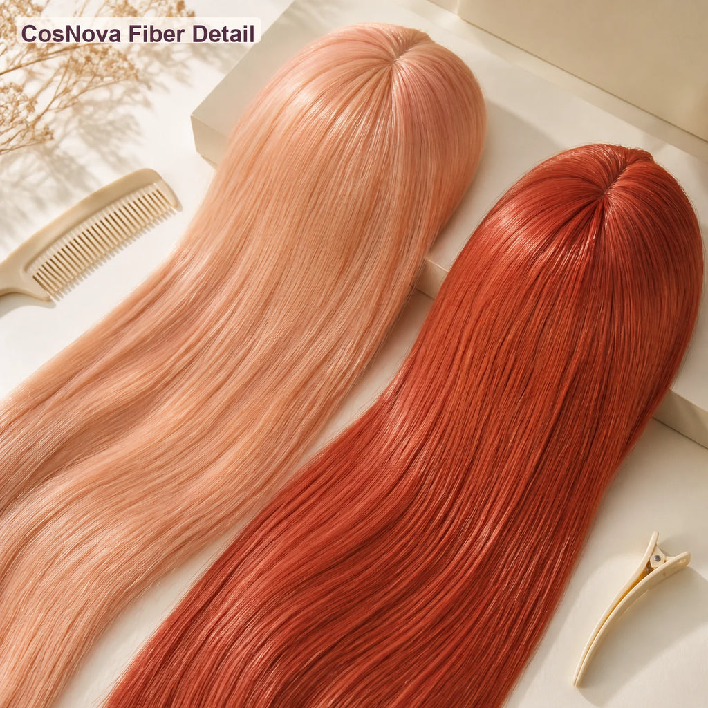 Close-up of CosNova light peach and auburn red heat-resistant synthetic wig fiber detail