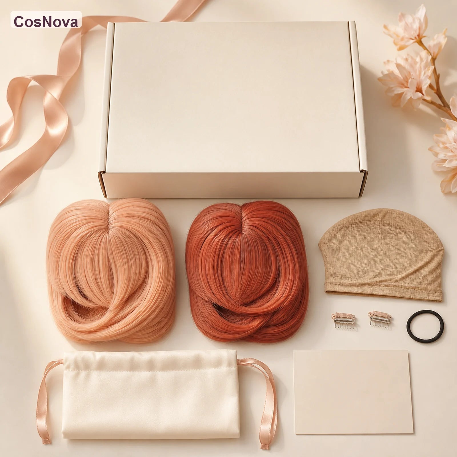 CosNova long peach auburn cosplay wig packaging with wig cap clips hair tie pouch and care card