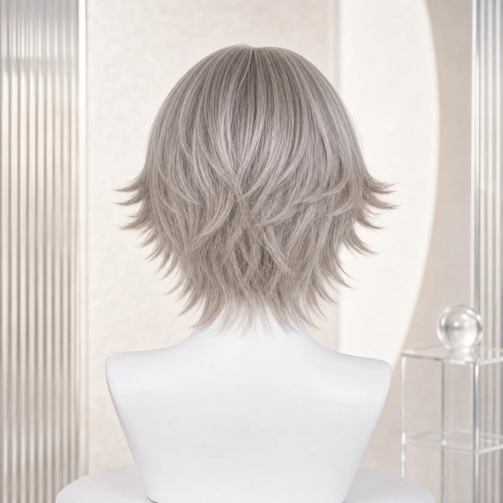 CosNova short gray cosplay wig back view with feathered layered nape