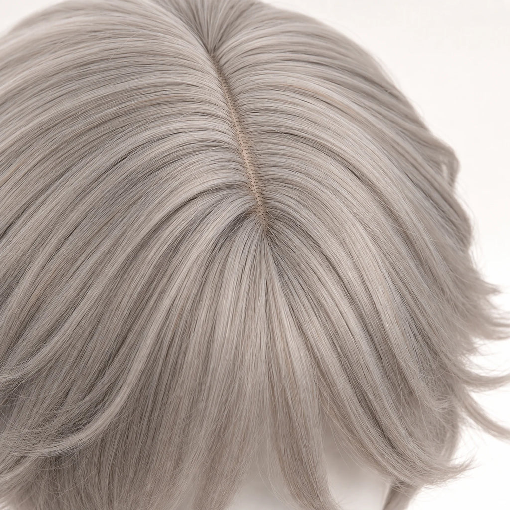Close-up of CosNova ash gray heat-resistant synthetic wig fiber and center parting