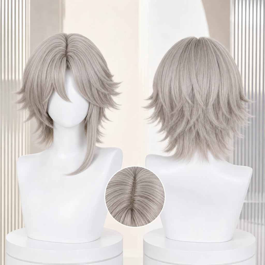 CosNova short gray cosplay wig front and back mannequin view with crown parting detail