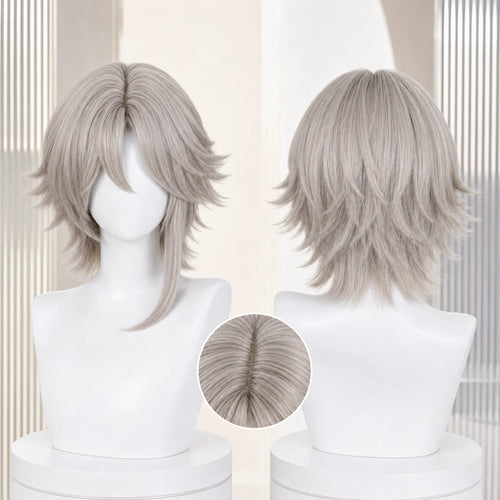CosNova short gray cosplay wig front and back mannequin view with crown parting detail