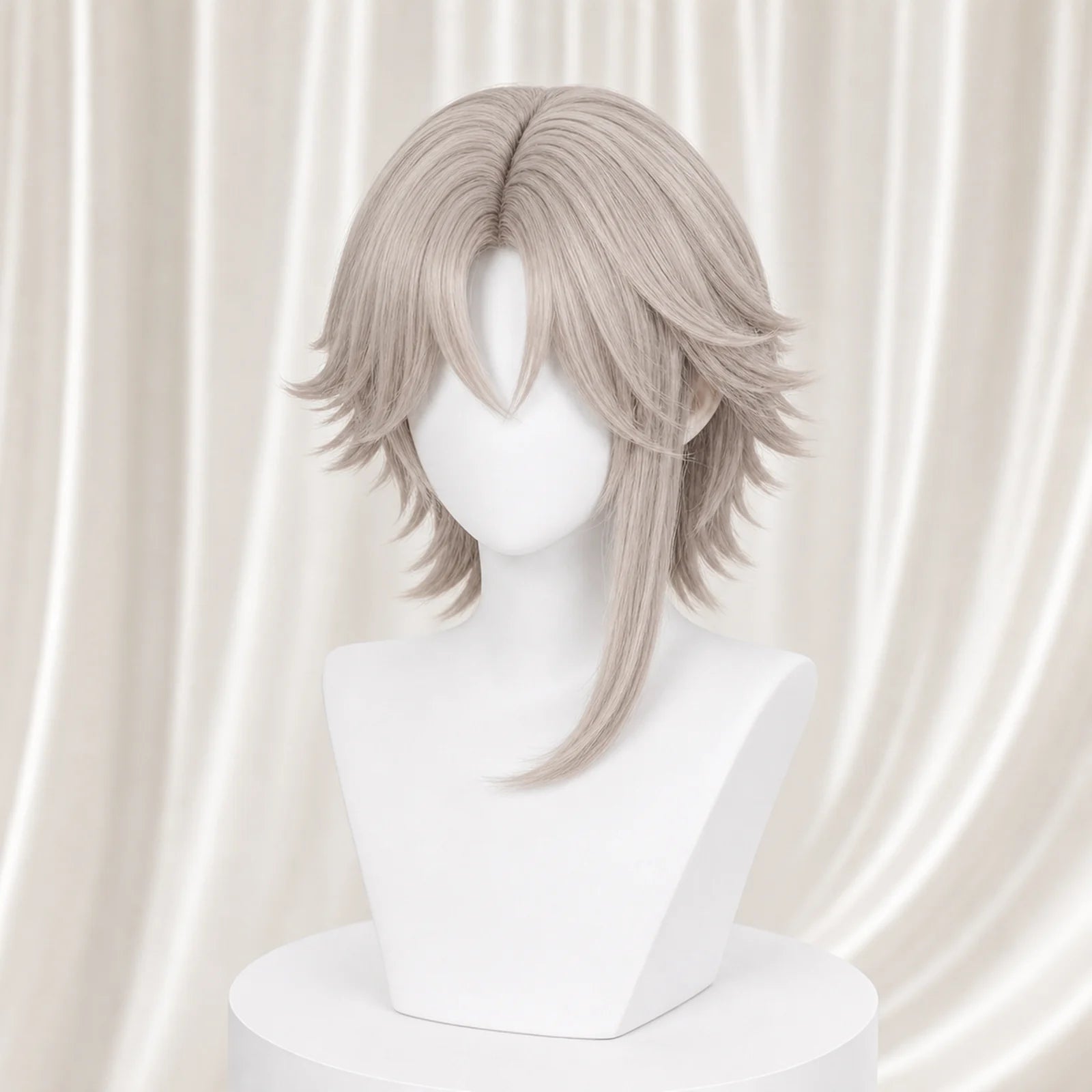 CosNova short gray cosplay wig front view with center part and long face-framing lock