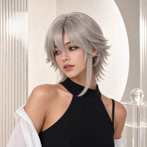 CosNova Aotsuki Eito-inspired short gray cosplay wig worn by model in premium studio hero image