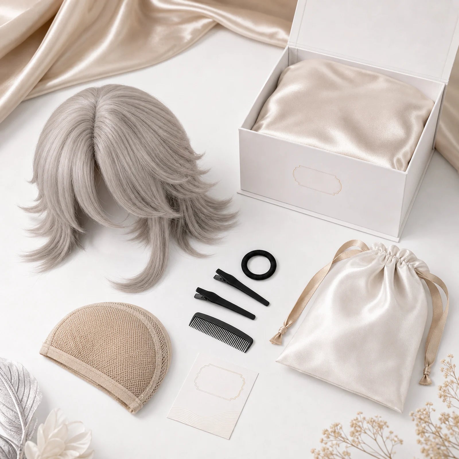 CosNova short gray cosplay wig with boutique packaging, wig cap, clips, and hair tie
