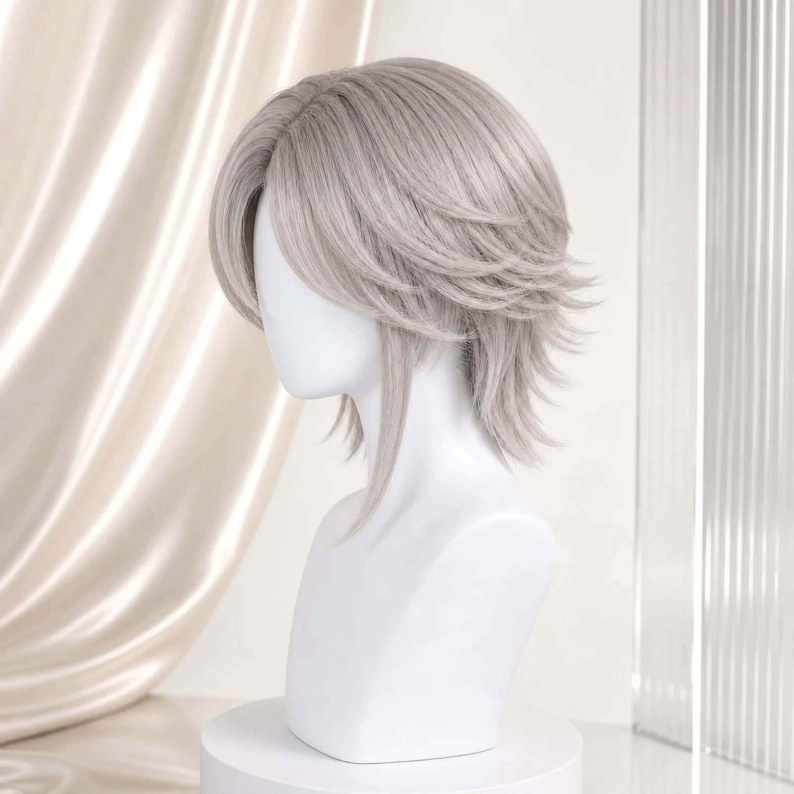 CosNova short gray cosplay wig side view with flipped layers and side-swept volume