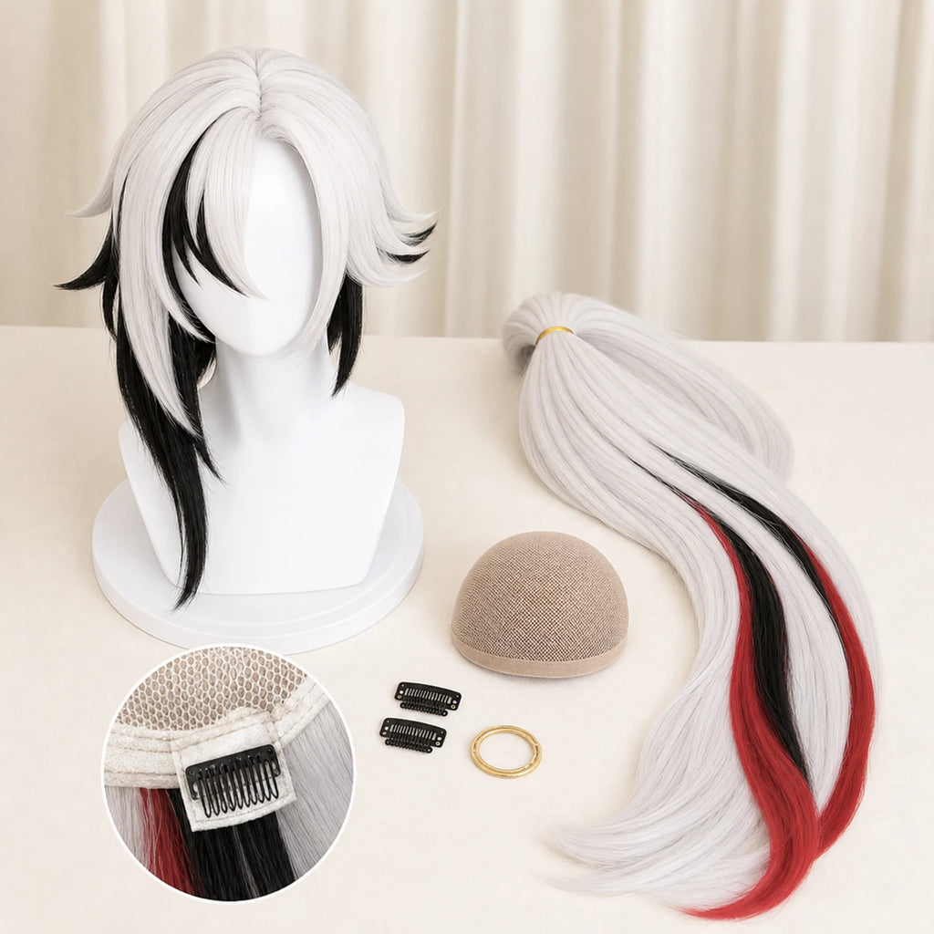 CosNova white black red cosplay wig set with detachable ponytail, cap, clips, and attachment detail