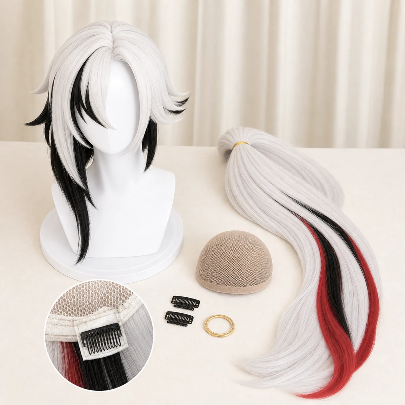 CosNova white black red cosplay wig set with detachable ponytail, cap, clips, and attachment detail