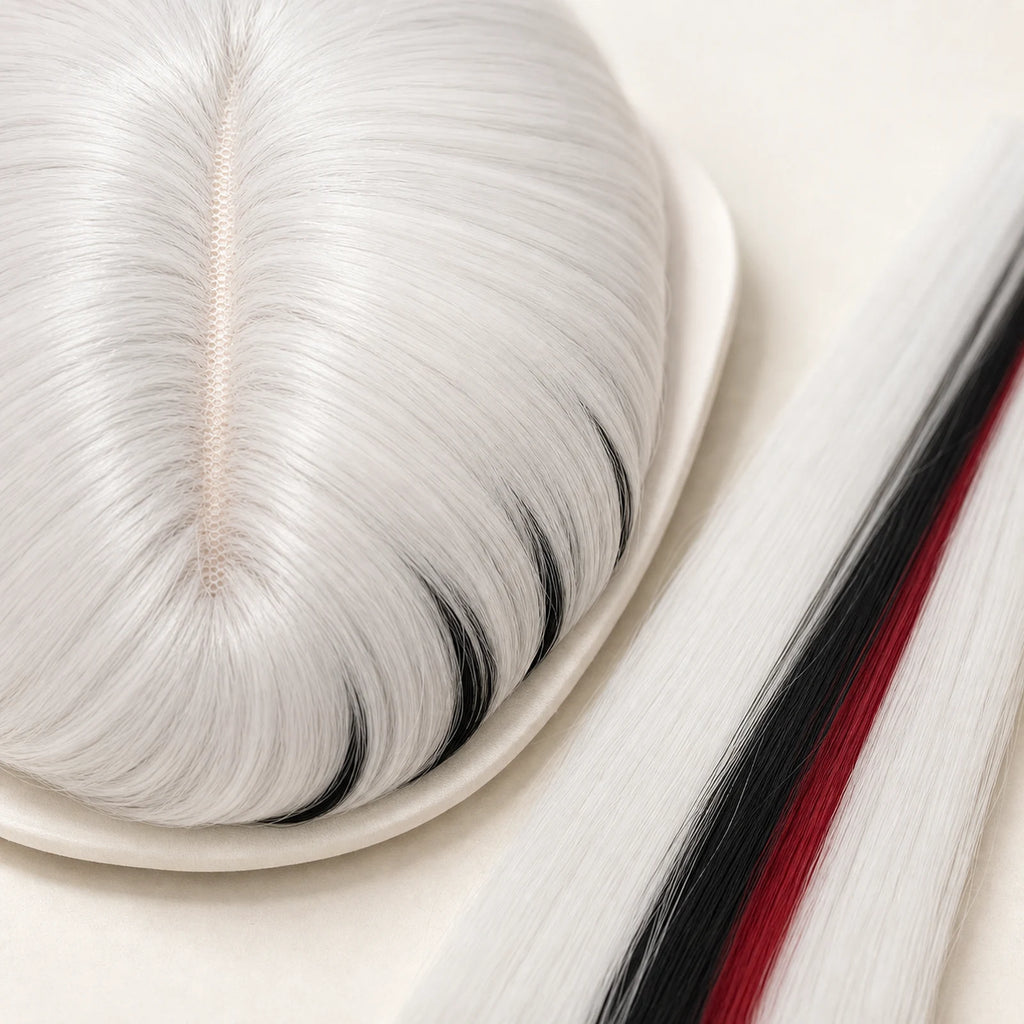 Close-up of CosNova white black red heat-resistant synthetic wig fiber and crown parting