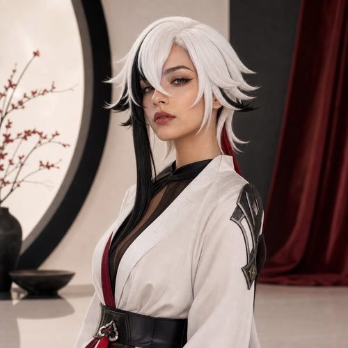 CosNova Arlecchino-inspired white black mix cosplay wig worn by model in premium studio hero image