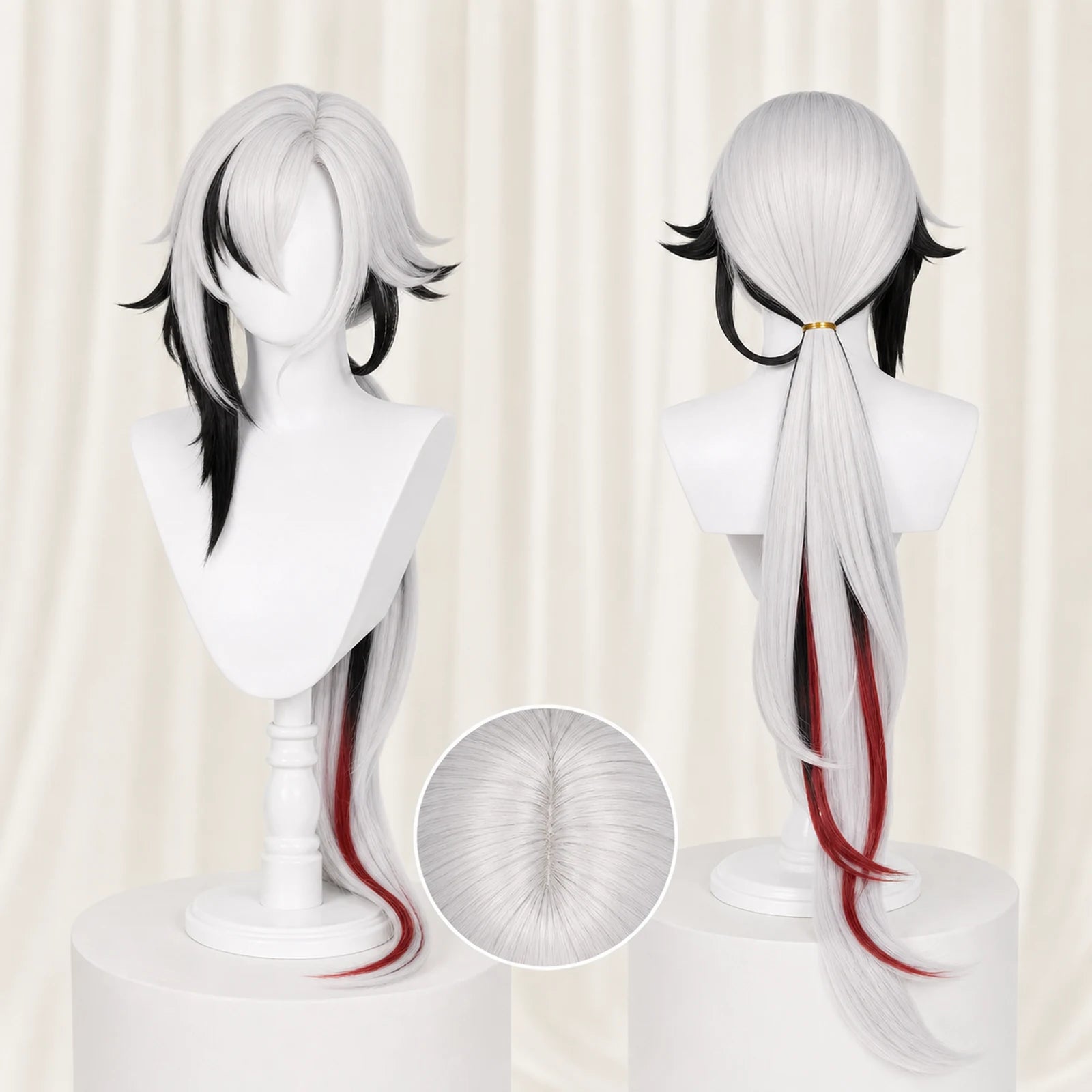 CosNova Long Hair white black red accent cosplay wig front and back view with long ponytail