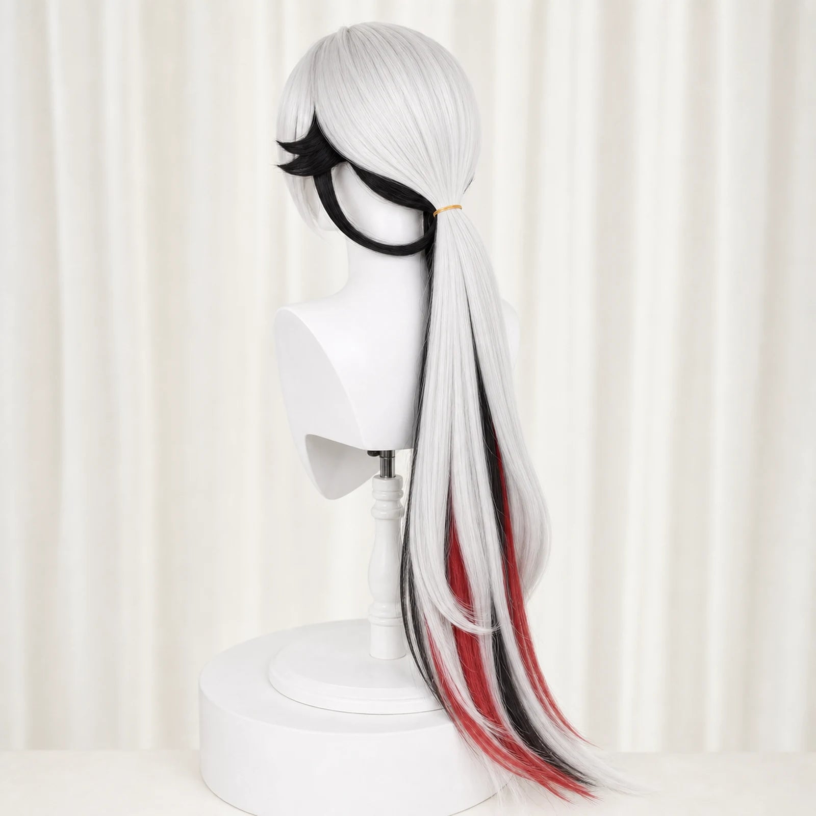 CosNova Long Hair white black red accent cosplay wig rear side view with low ponytail
