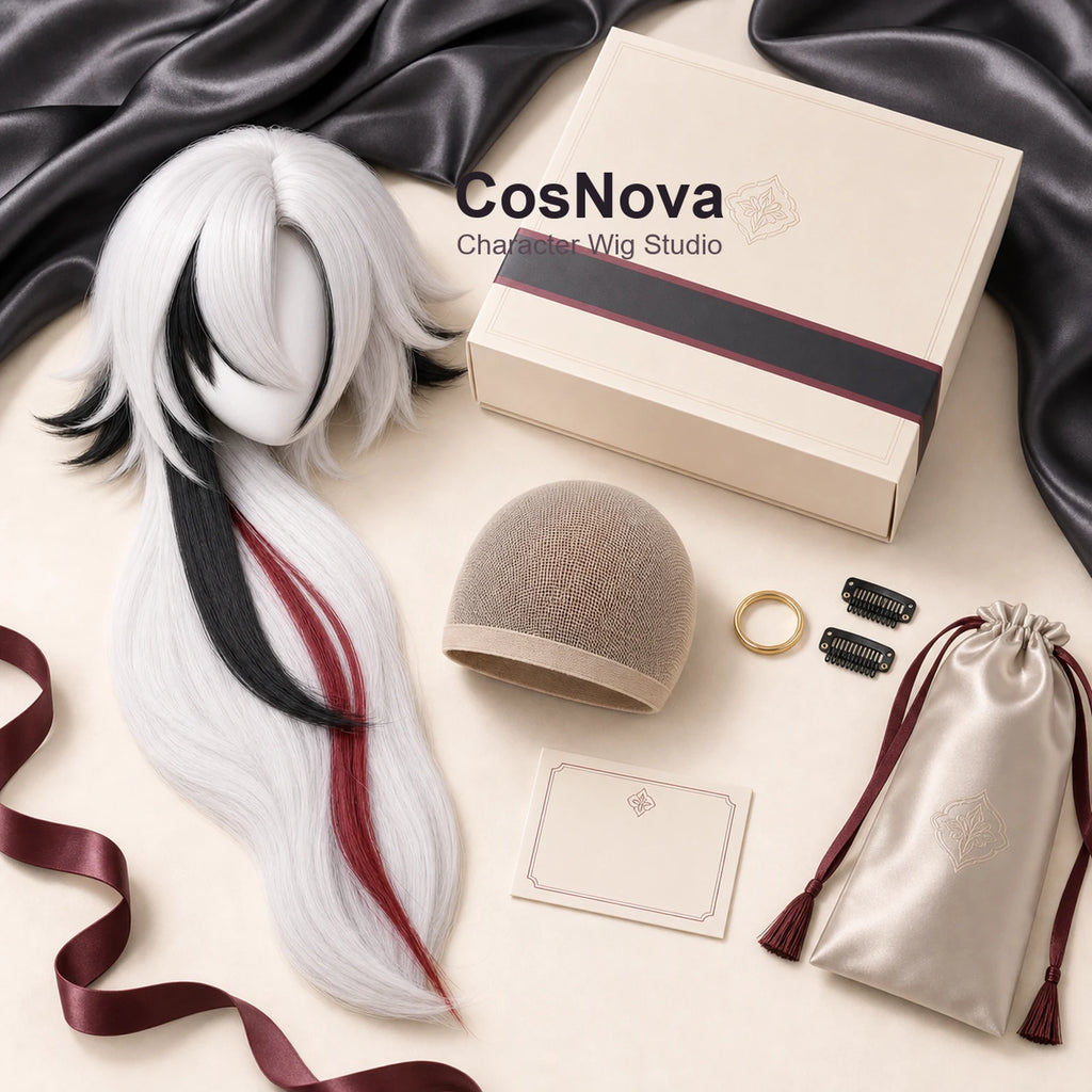 CosNova white black red cosplay wig packaging with wig cap, clips, hair tie, pouch, and care card
