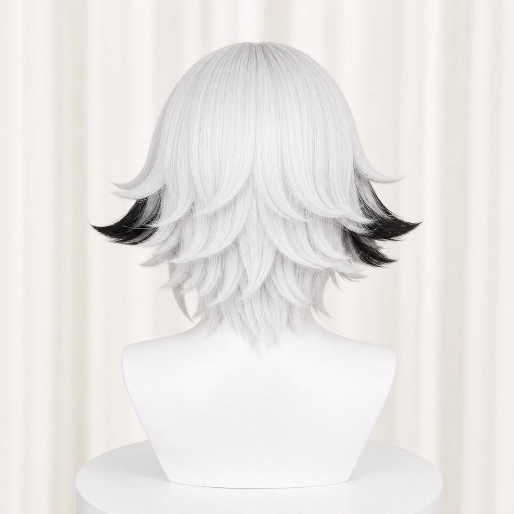 CosNova Short Hair white black cosplay wig back view with feathered layered nape