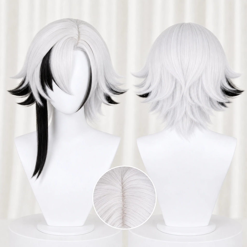 CosNova Short Hair white black mix cosplay wig front and back mannequin view with crown detail