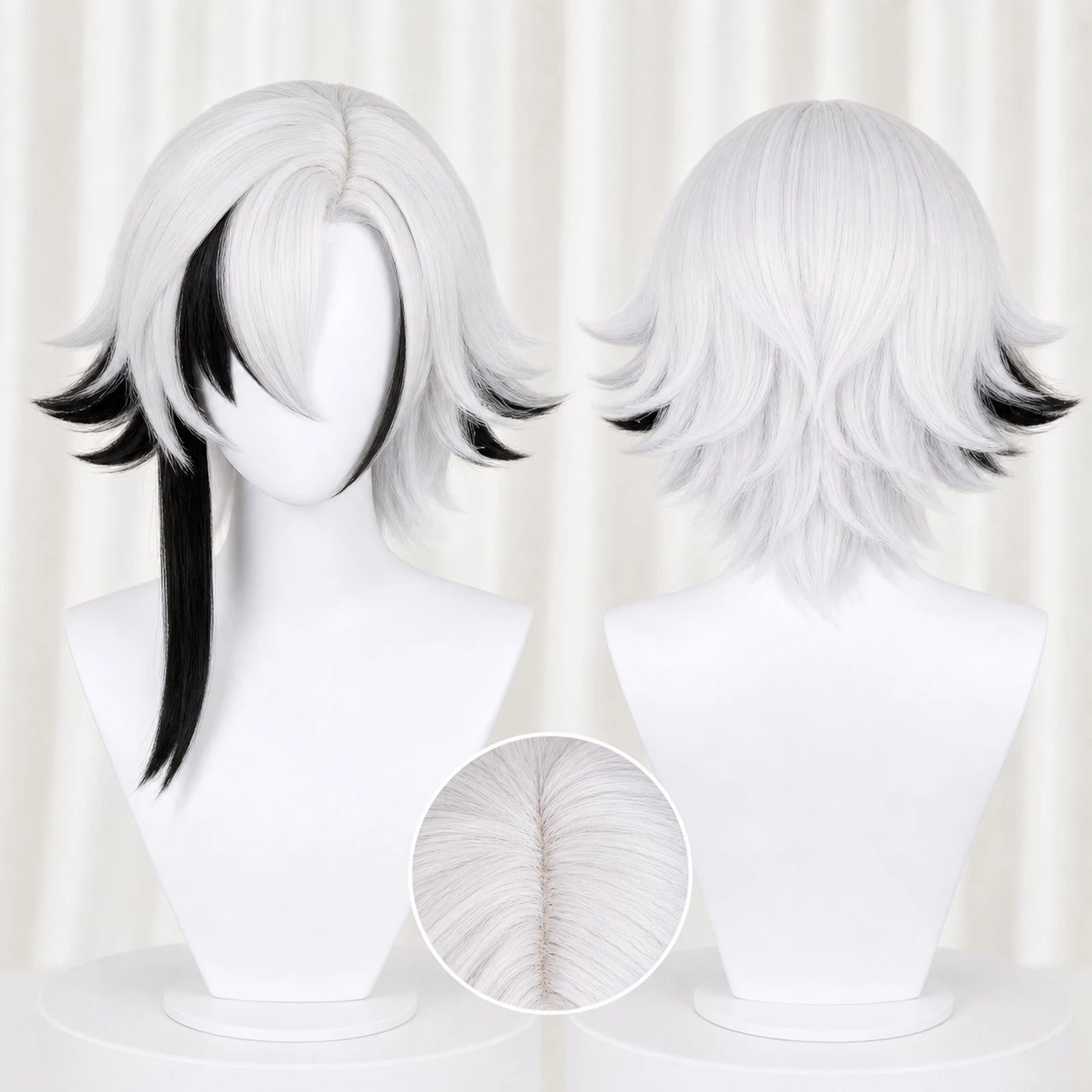 CosNova Short Hair white black mix cosplay wig front and back mannequin view with crown detail