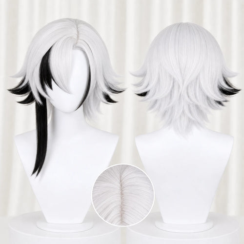 CosNova Short Hair white black mix cosplay wig front and back mannequin view with crown detail
