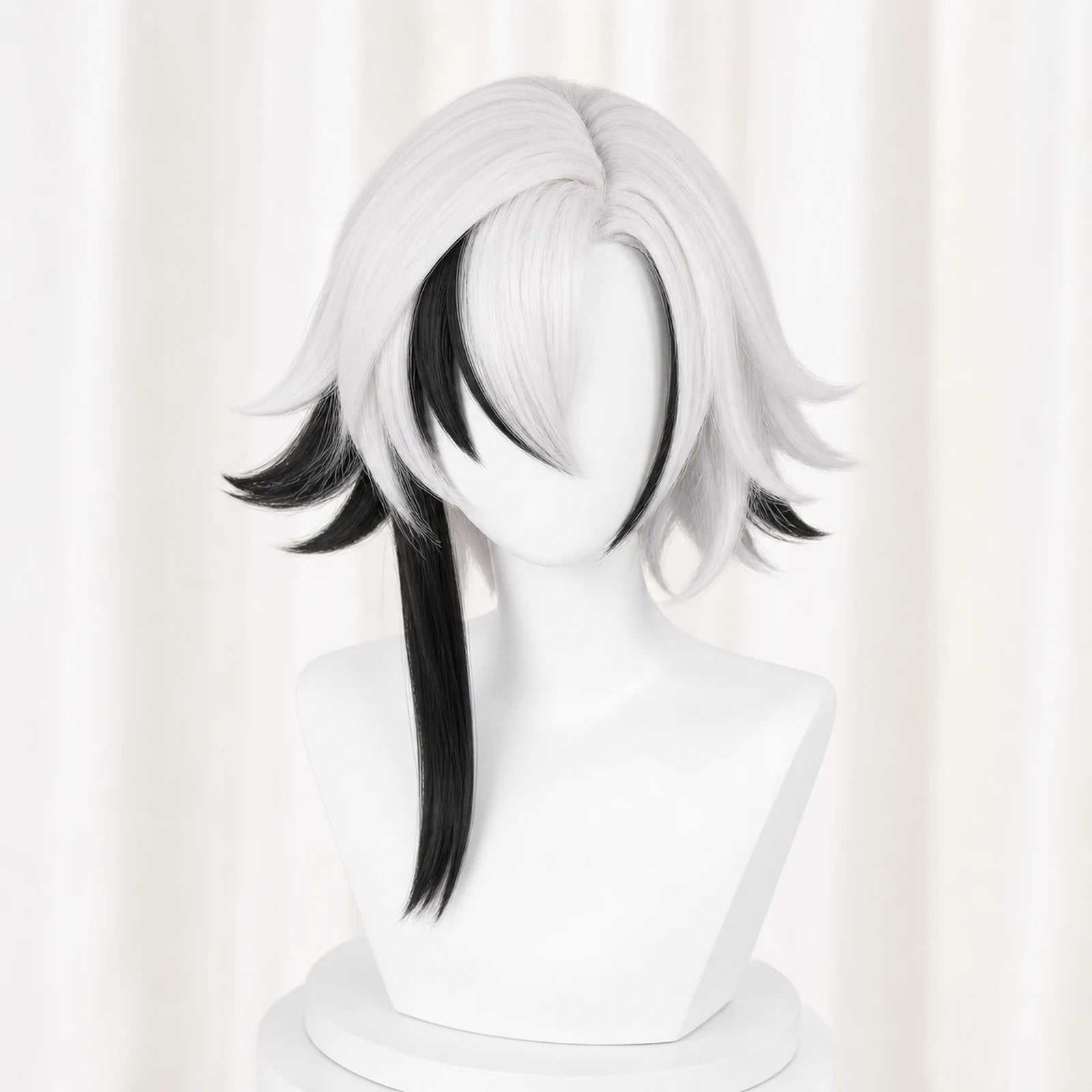 CosNova Short Hair white black anime cosplay wig front view with long black face-framing strand