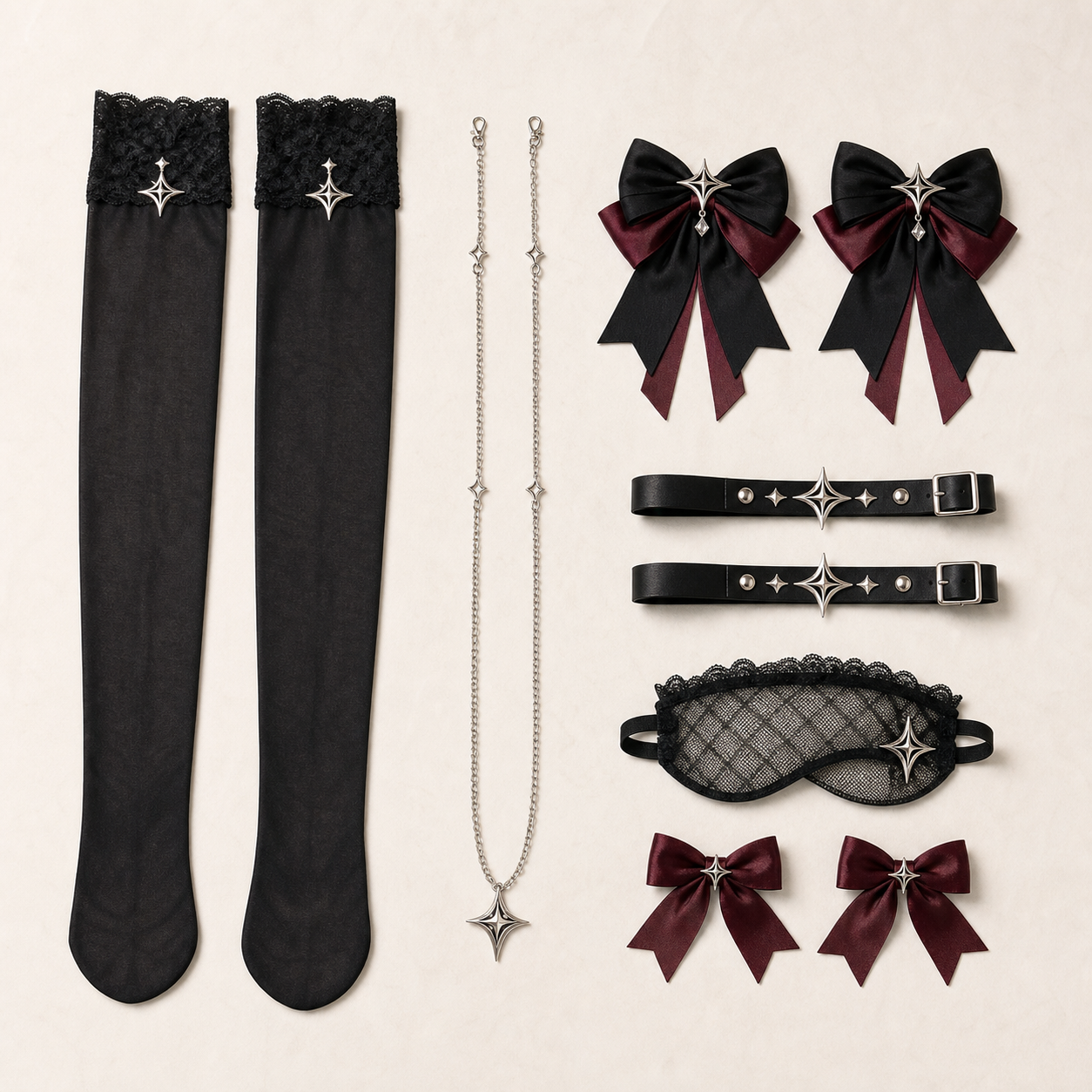 CosNova celestial costume stockings bows straps mask and chain flat lay
