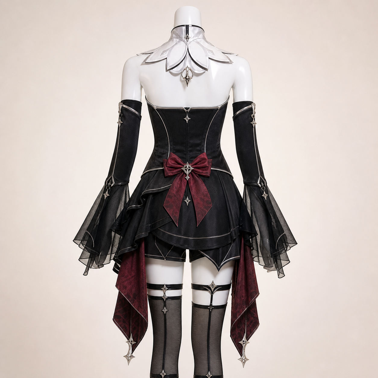 CosNova black silver celestial cosplay costume back view with wine red bow
