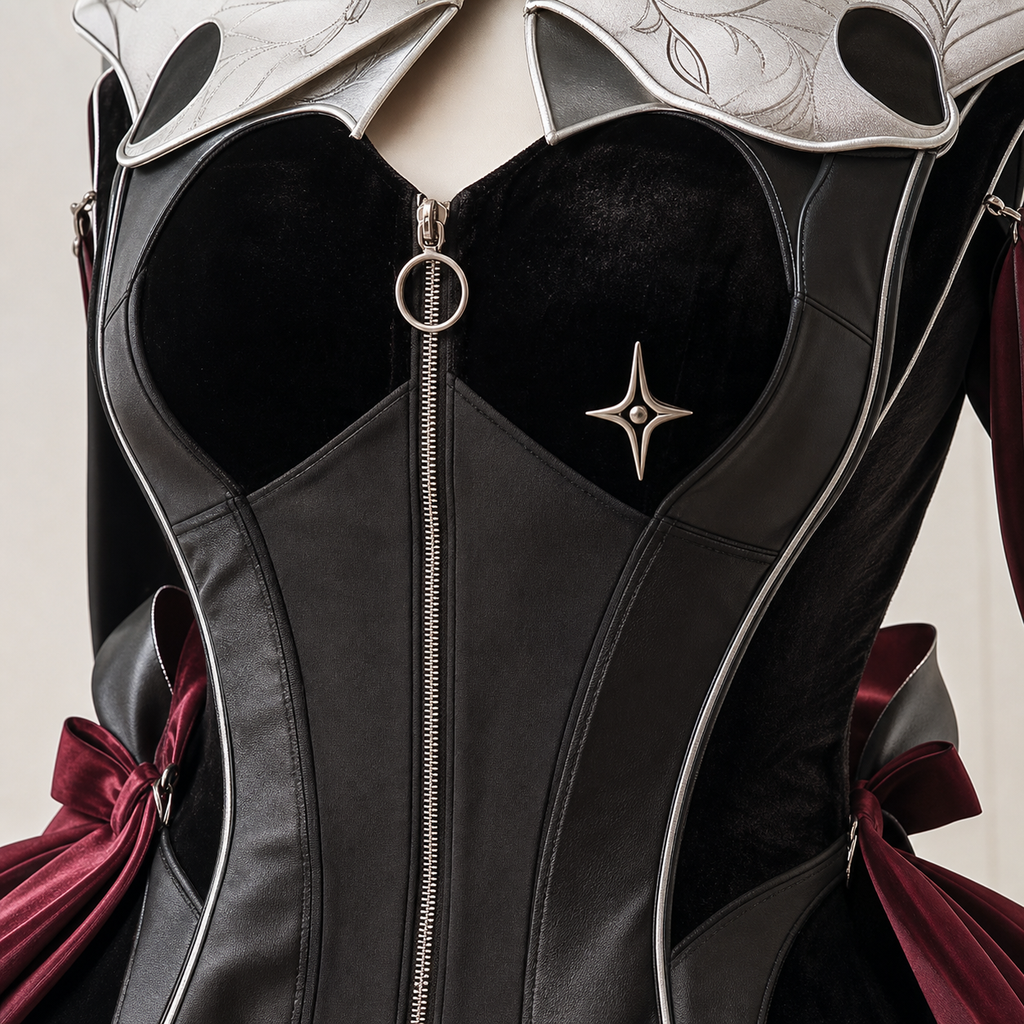 CosNova black velvet corset zipper and silver piping detail