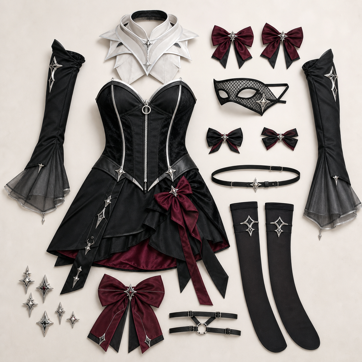 CosNova black silver celestial cosplay costume complete package flat lay