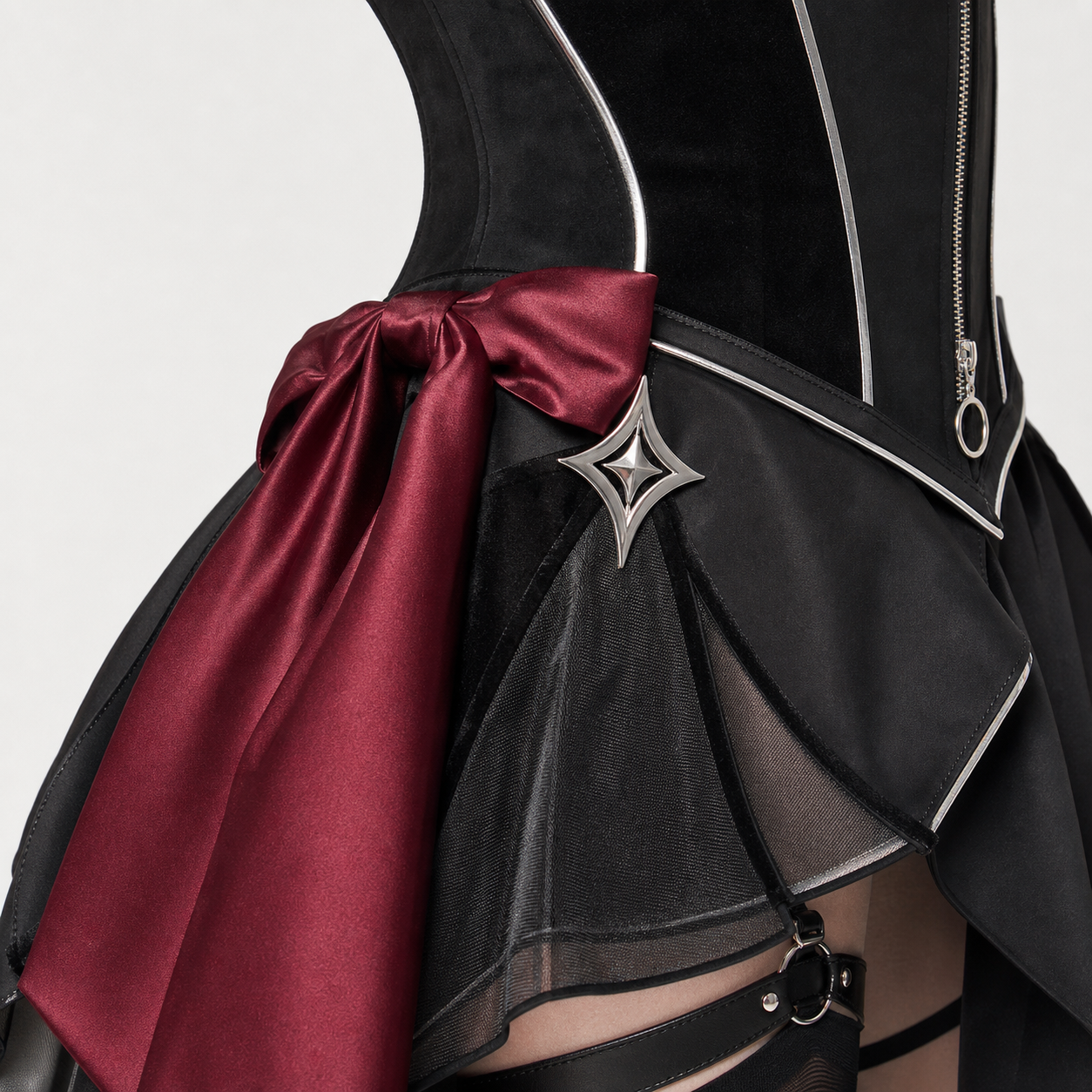 CosNova wine red side bow black mesh and silver hardware detail