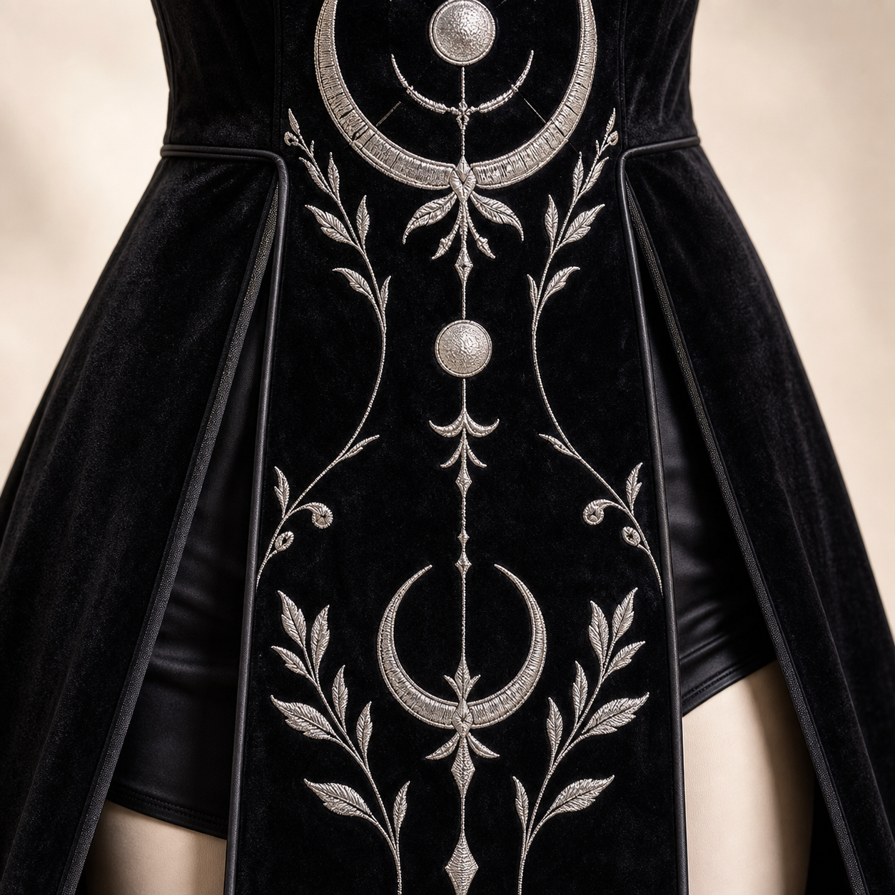 Silver lunar embroidery detail on CosNova black costume