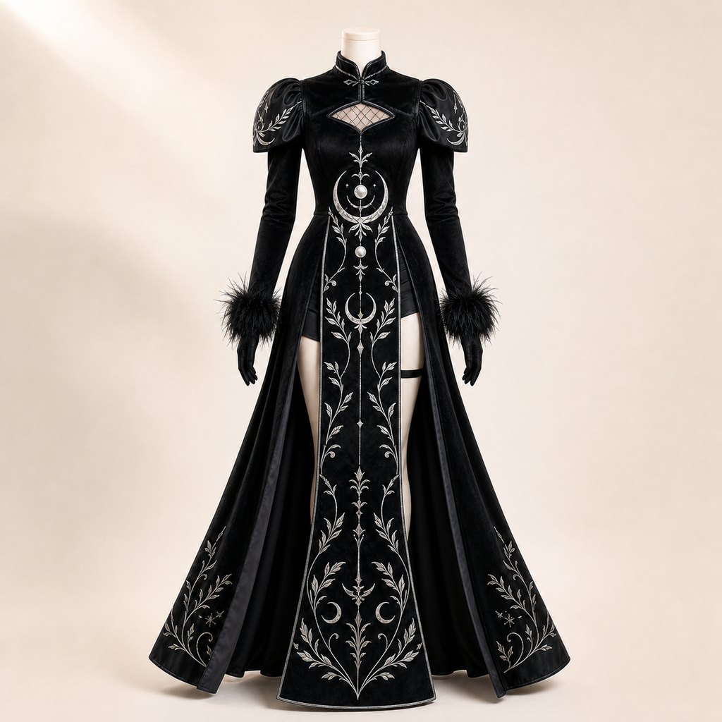 CosNova black silver lunar cheongsam costume front view