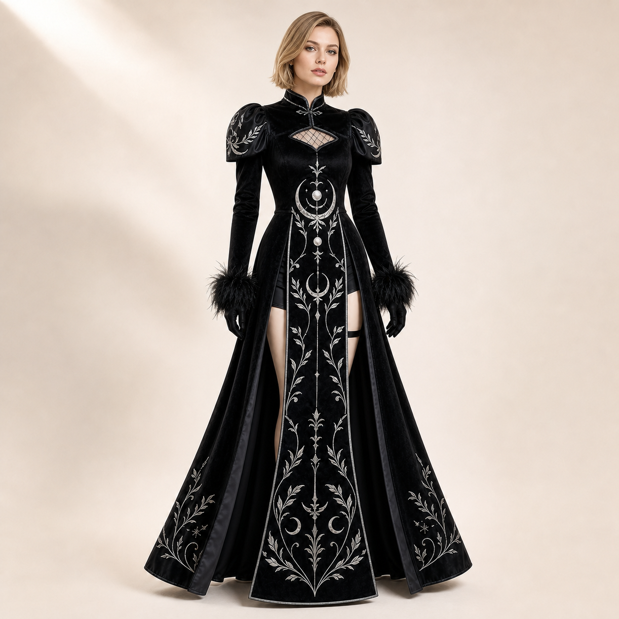 22-year-old white American model wearing CosNova black silver lunar cheongsam costume
