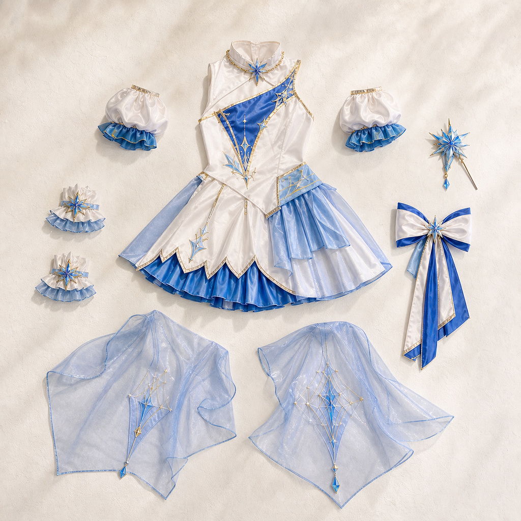 CosNova frosted azure performance dress included components flat lay