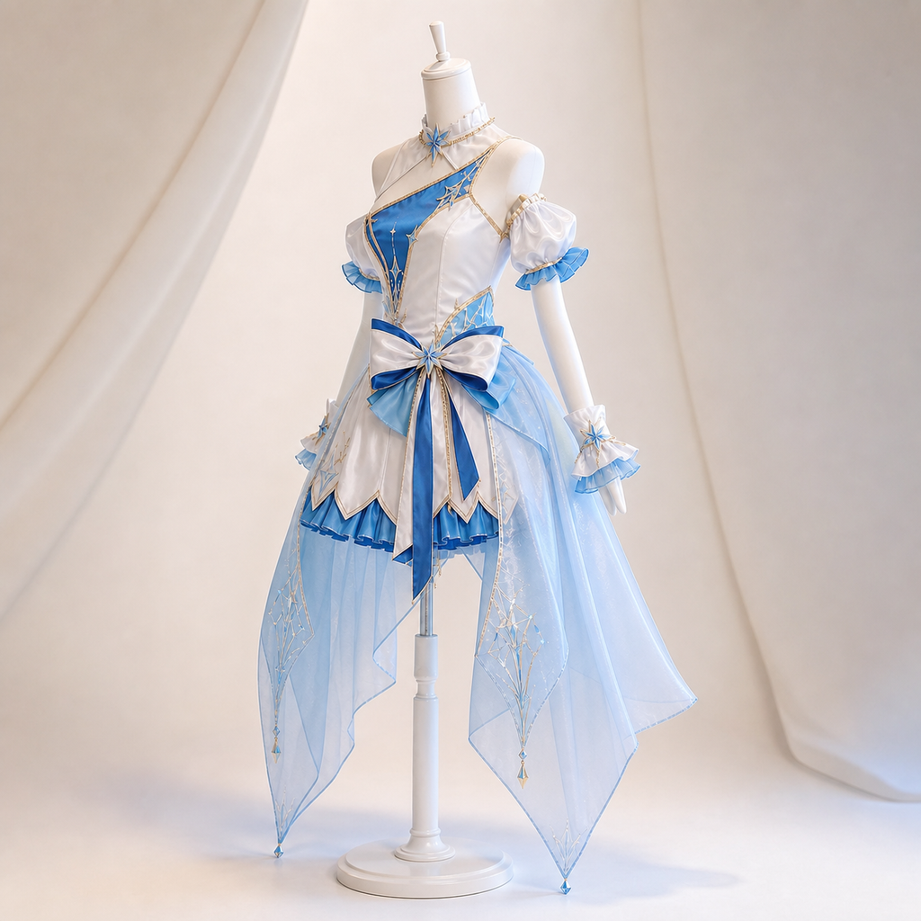 CosNova frosted azure performance dress side view with organza panels