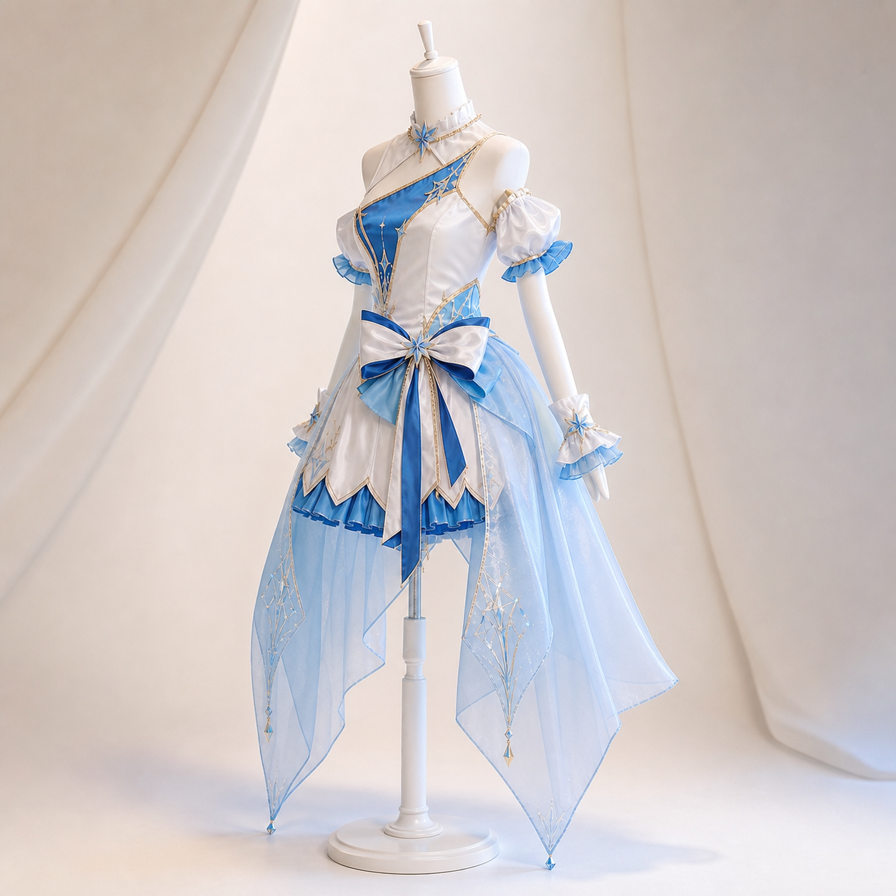CosNova frosted azure performance dress side view with organza panels