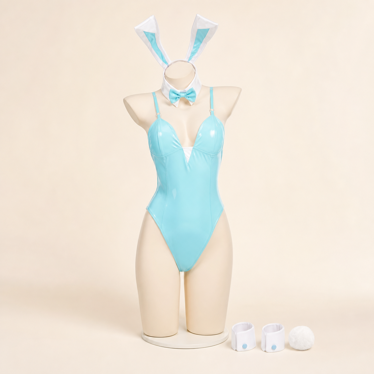 CosNova Aqua Blue glossy bunny costume set on a warm-white mannequin