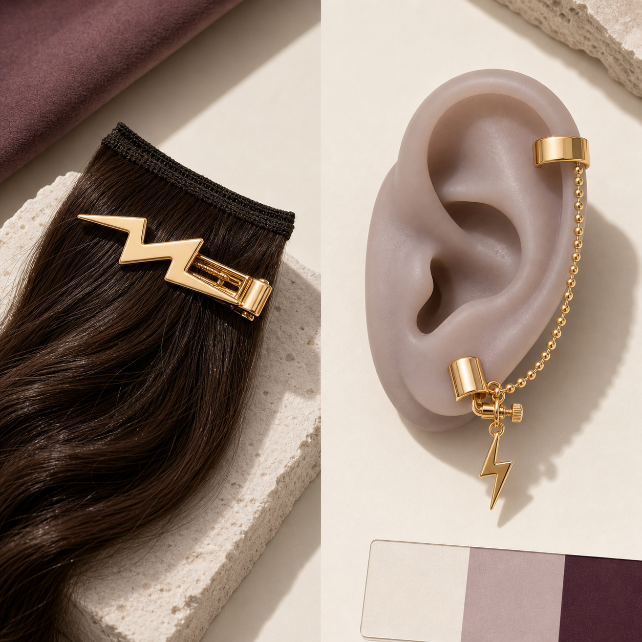 CosNova lightning hair clip on dark hair and non-pierced chain cuff on an ear display