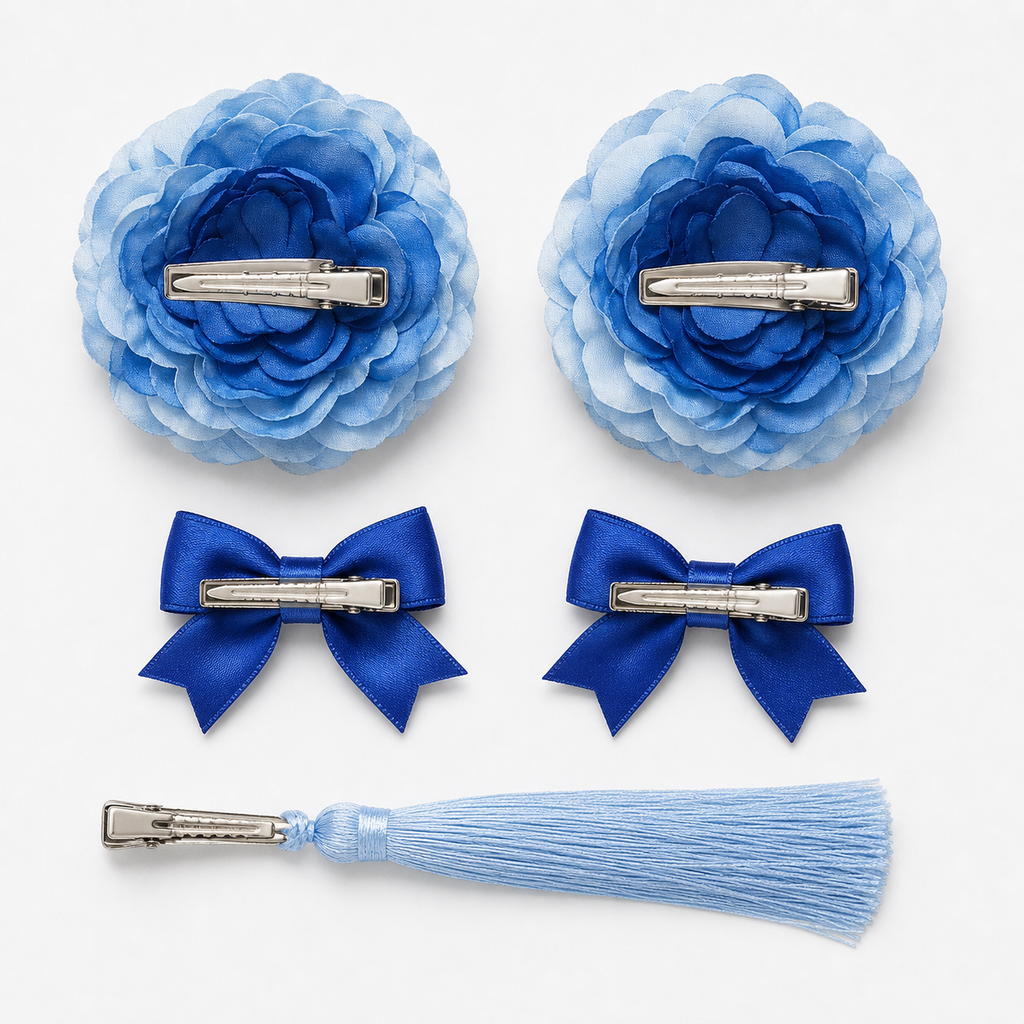 Spring clip backs on the CosNova blue flower bow and tassel hair accessories