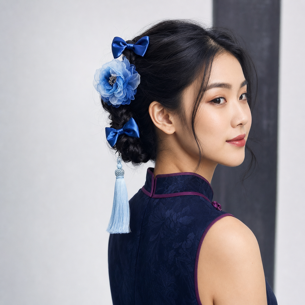 CosNova gradient blue flower bow and tassel hair clip set worn in a braided updo