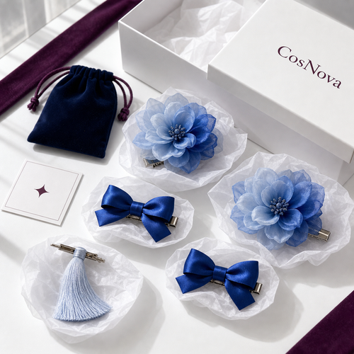 CosNova five-piece blue floral hair clip set with pouch sleeves care card and box