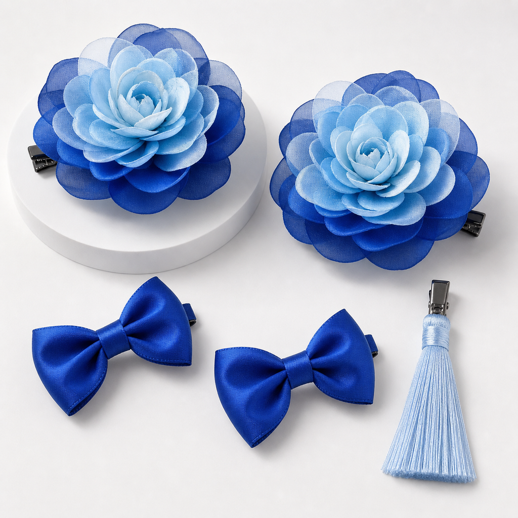 Five-piece CosNova blue flower bow and tassel hair clip cosplay set
