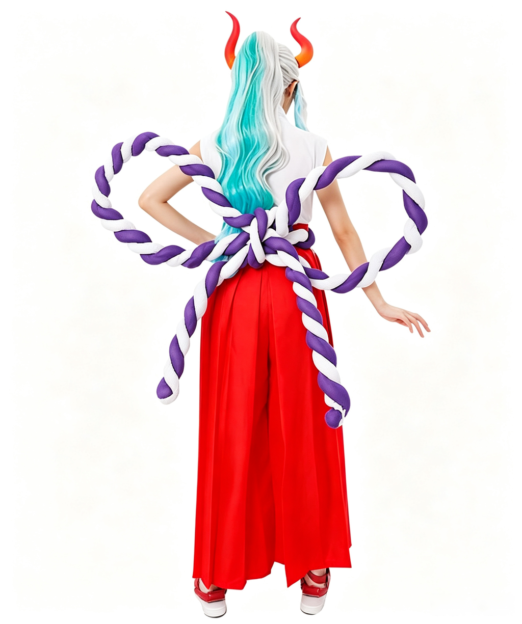 CosNova horned warrior costume back view with oversized braided sash detail