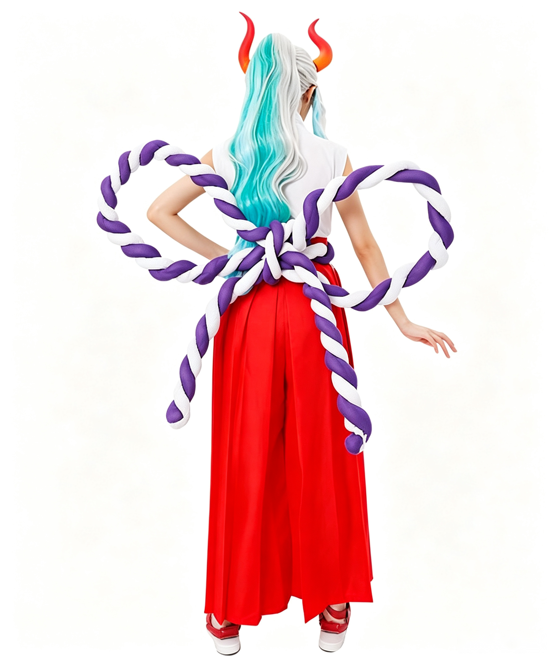 CosNova horned warrior costume back view with oversized braided sash detail