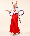 CosNova red white horned warrior cosplay costume front view in a warm-white studio