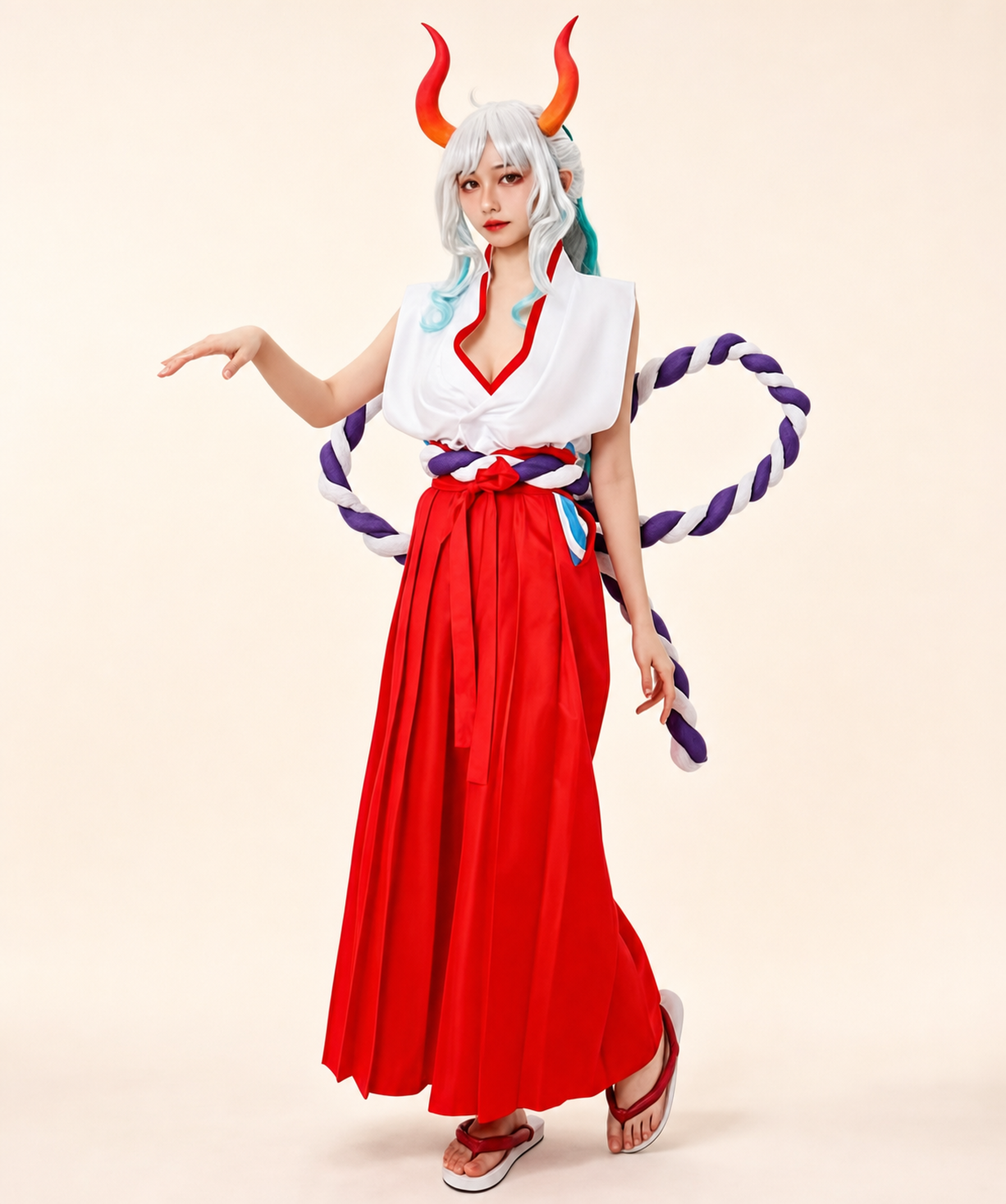CosNova red white horned warrior cosplay costume front view in a warm-white studio